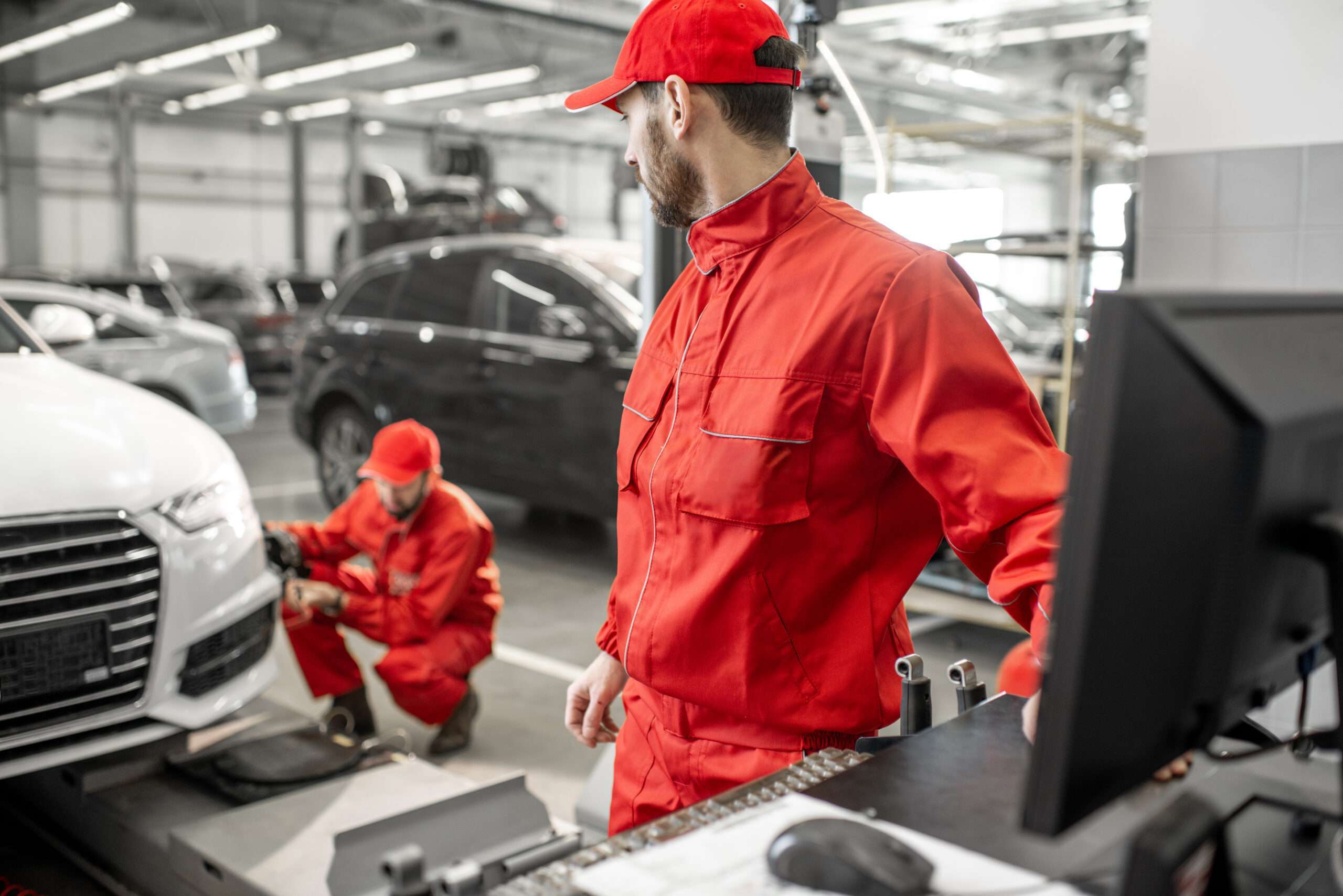 men working on a white automobile for hail damage in a shop denver colorado