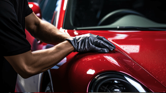 red car hail damage being repaired by service guy